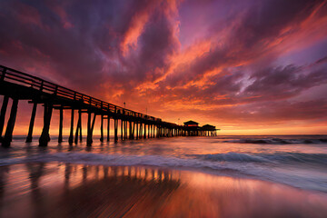 Panoramic view of an old pier on the ocean at sunset.