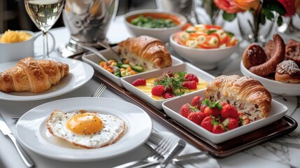 A lavish breakfast array featuring a sunny side up egg, croissants, fresh fruits, tea, and various gourmet dishes, artistically set on a white tablecloth for a delightful morning meal.