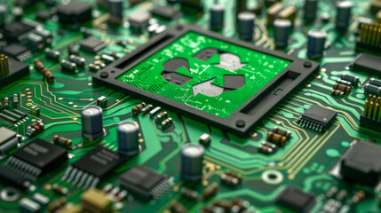 Close-up of Circuit Board with Recycle Symbol for E-Waste Concept