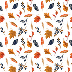 Vector seamless pattern with autumn leaves on white background.