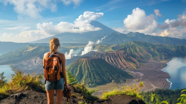 A lone traveler stands on a volcanic ridge in Bali, gazing at the breathtaking vista of Mount Batur. The scene captures the beauty and serenity of nature, offering a moment of peace and inspiration - Powered by Adobe