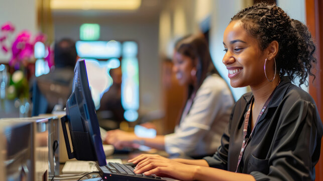 Smiling receptionist working at computer in modern office lobby