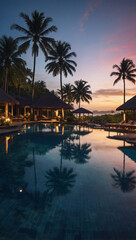 Tranquil evening scene by a lavish tropical resort pool.