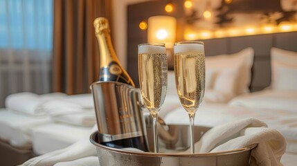An inviting and luxurious hotel room setting with a bottle of champagne and two glasses, representing an atmosphere of celebration and indulgence. The perfect holiday escape.