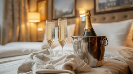 An elegantly presented scene with a champagne bottle in ice and two champagne flutes set on a bed in a luxurious, well-lit hotel room, evoking a sense of celebration and romance.