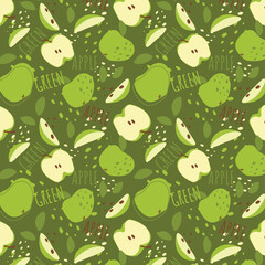 Abstract green apple pattern in flat style. Fresh, delicious fruit seamless pattern. Vector background. Summer freshness for health. For background, juice, ice cream or packaging.