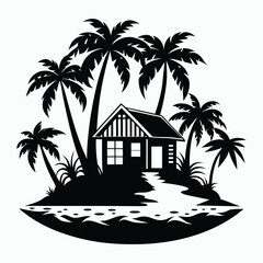 Obraz premium Dreamy Coastline Tropical Island and Beach House Silhouette Clipart