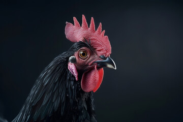 Close-up portrait of a majestic black rooster with striking red comb against a dark background.