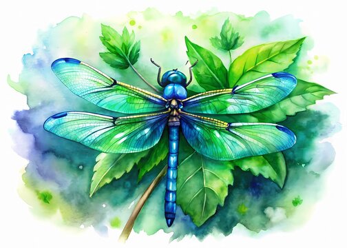 Vibrant blue and green dragonfly perches on a leafy branch, its delicate wings glistening with dew, surrounded by lush greenery in a serene natural setting.