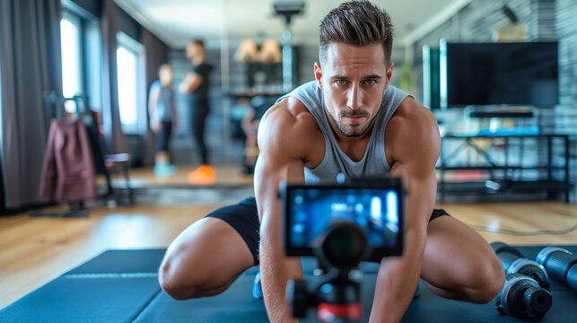 Muscular fitness influencer recording workout video from home