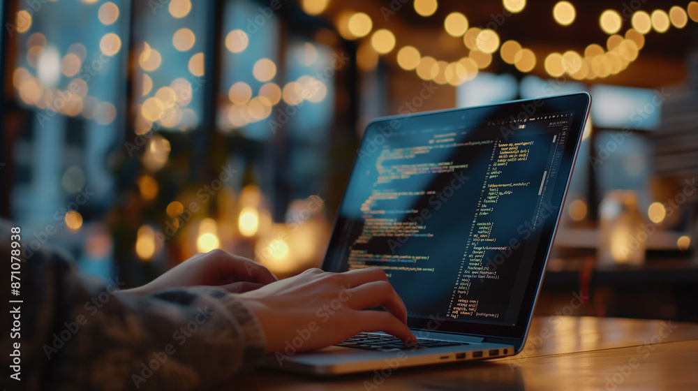 Poster Software developer writing code on laptop in cozy atmosphere