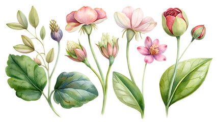 Watercolor set: pink flowers, buds, leaves. Perfect for decorating invitations and cards, creating prints on fabric and wallpaper, designing stationery and much more.