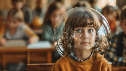 Child with curly hair in an orange sweater sitting in a classroom, isolated inside a transparent bubble helmet