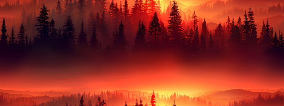  a red sunset over an alpine forest