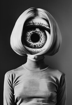 Portrait &eacute;trange d'une femme sans visage avec un oiel g&eacute;ant