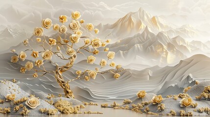 Golden Roses on Trees in Majestic Mountain Landscapes. 3D mural background and wallpaper. High quality AI generated image