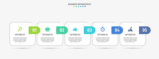 Horizontal progress bar featuring 5 arrow-shaped elements, symbolizing the five stages of business strategy and progression. Clean timeline infographic design template. Vector for presentation