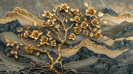 Golden Roses on Trees in Majestic Mountain Landscapes. 3D mural background and wallpaper. High quality AI generated image