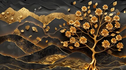 Golden Roses on Trees in Majestic Mountain Landscapes. 3D mural background and wallpaper. High quality AI generated image