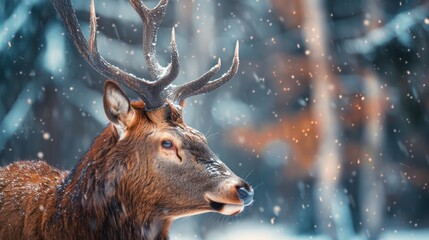 Fototapeta premium Majestic deer in snowy forest. A majestic deer with large antlers stands in a snowy forest, its breath visible in the cold air.