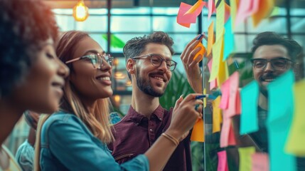 A diverse team of professionals joyfully collaborates using sticky notes on a glass wall in a vibrant, modern office. AIG41