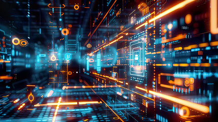 Fototapeta premium Advanced depiction of edge computing technology featuring a virtual screen concept with data processing icons network connections and sleek and modern