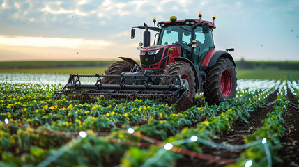 Fototapeta premium IoT-Connected Tractor in Agricultural Field