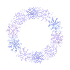 Snowflakes round wreath frame, blue lilac frost crystals. Symbol of winter, cold weather. New Year and Christmas holiday card. Hand drawn watercolor illustration isolated on white background