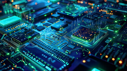 Fototapeta premium Detailed depiction of edge computing showcasing the benefits of this technology with vibrant blue and green elements set against a dark high-tech background