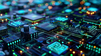 Obraz premium Detailed visual of edge computing featuring real-time data processing and network connectivity with vibrant blue and green elements