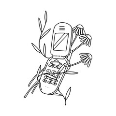 Vector Naive Line illustration of the Flip Phone with daisies. Vector Y2K image for printing on merch. 2000s. 2000s vibes. Naive art