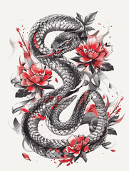 Obraz premium A snake with red flowers on its tail. The snake is black and gray