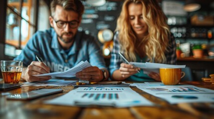 Fototapeta premium Business partners discussing documents over coffee in a cafe