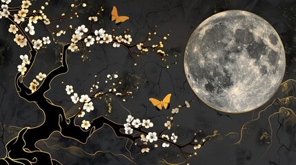 Ancient gold Plum Tree Blossoms Under the Full Moon. Moon and Night with butterfly mural background and wallpaper. High quality AI generated image