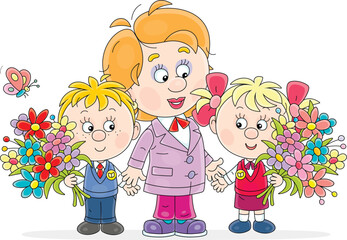 Happy teacher and funny little boy and girl with colorful flowers at a holiday in kindergarten or elementary school, vector cartoon illustration on a white background