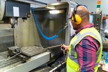 Male apprentice engineer working with CNC machine in factory
