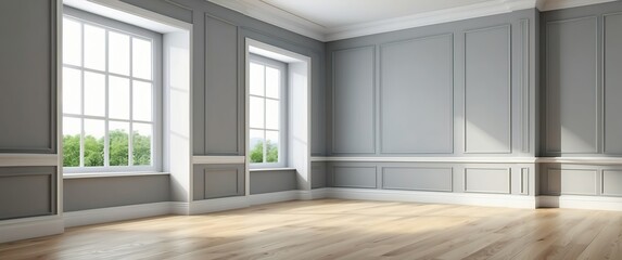 A bright, modern, empty room with large windows and hardwood flooring, featuring grey paneled walls. Ideal for real estate listings, renovations, or interior design concepts.