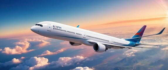 Fototapeta premium A sleek commercial airplane flying through a vibrant sunset sky, embodying themes of travel, adventure, and freedom in high-altitude transportation.