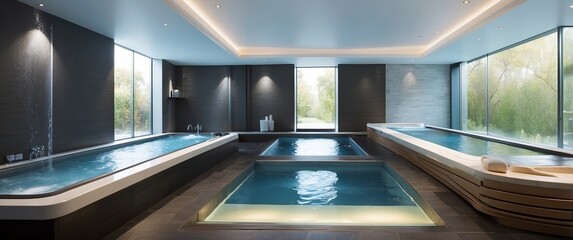 Contemporary indoor luxury spa with serene pools and a peaceful ambiance, ideal for relaxation and wellness retreats, featuring modern design and amenities.