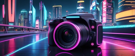 A futuristic camera amid a neon-lit cyberpunk cityscape, highlighting advanced technology and modern urban photography concepts.
