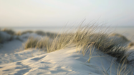 A beach scene with a small hill of grass and a body of water in the background