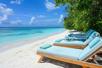 Obraz premium cozy beach chairs with light blue towels on the back, set against a pristine white sand and turquoise sea backdrop in Maldives Generative AI