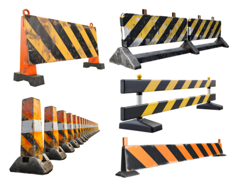 Set of side view road distressed rustic barricade barrier sign post, warning danger crime criminal safety construction caution on transparent cutout PNG file. Mockup template for design