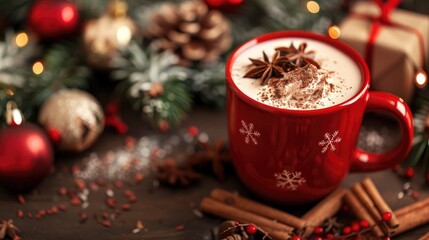 Christmas themed hot beverage with festive decorations in the background