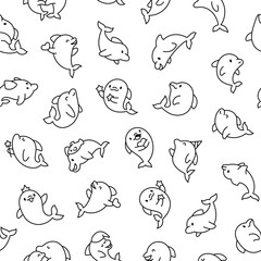 Cute kawaii dolphin in different poses. Seamless pattern. Coloring Page. Funny cartoon marine character. Hand drawn style. Vector drawing. Design ornaments.