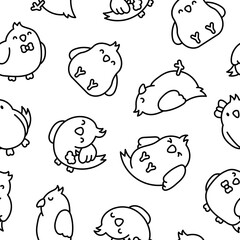 Cute cartoon pet birds. Seamless pattern. Coloring Page. Adorable kawaii parrots characters. Cockatiel, parakeet. Hand drawn style. Vector drawing. Design ornaments.