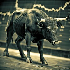 Fototapeta premium The bull and chart for business or bull market trader concept. Economic or finance crisis and stock market. High quality AI generated image
