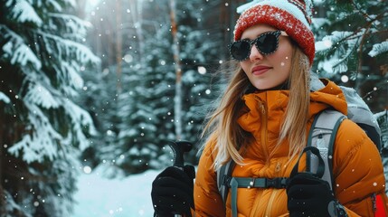 Fototapeta premium A person dressed in a bright orange jacket and red hat, holding walking sticks, is hiking through a snowy forest, capturing the essence of outdoor winter adventure.
