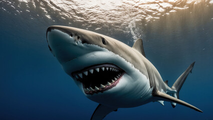 Naklejka premium A majestic great white shark swims through the clear blue water, its powerful jaws agape in a mesmerizing display of natures raw strength