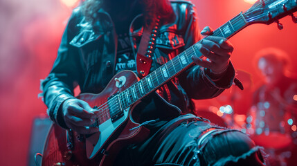 Obraz premium A close-up shot of a musician playing an electric guitar on stage, bathed in red and blue lighting